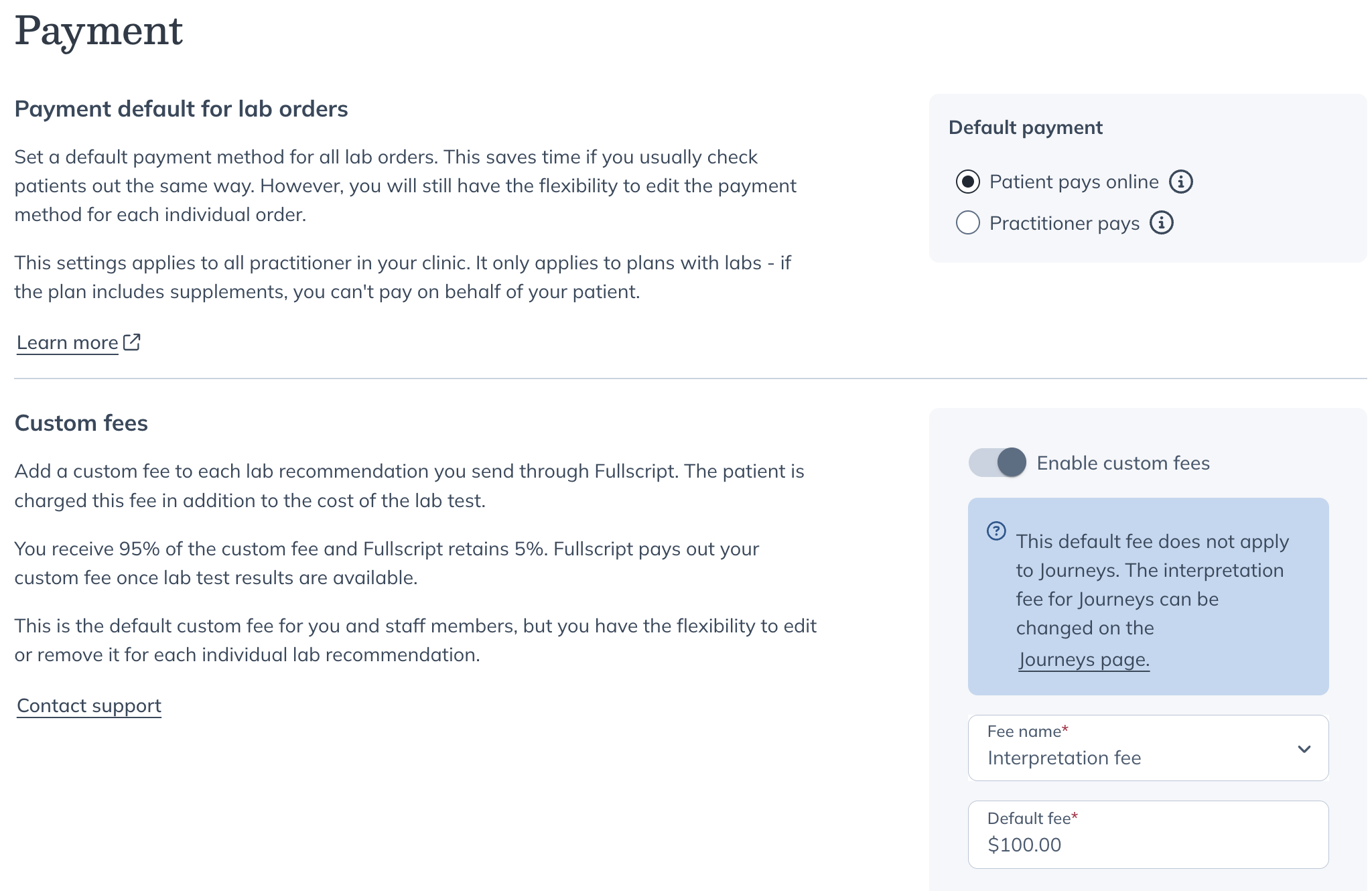 Labs settings Payment section with default payment options and custom fees settings.